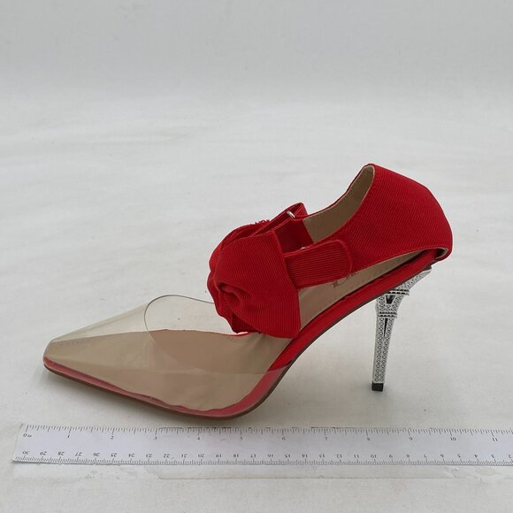 Red Women Transparent Pointed Toe High Heel Bow Ankle Strap Pump Clear Shoes - Picture 1 of 6
